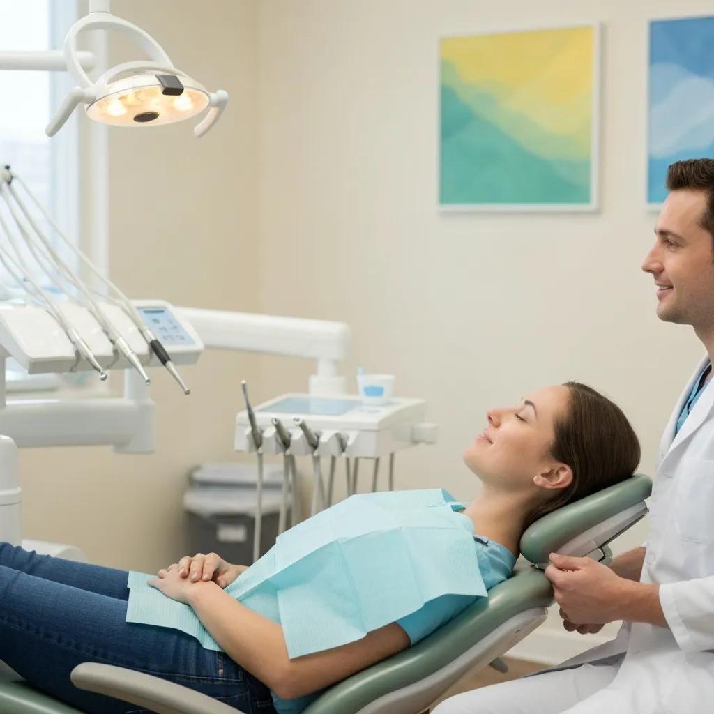 A calm dental treatment room showing a patient receiving gentle sedation care