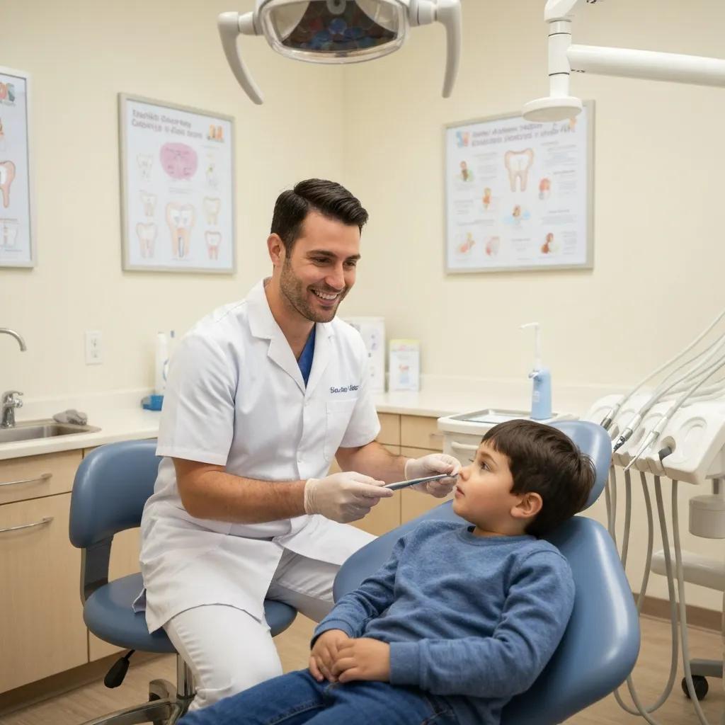 Grand Parkway Smiles family dentist in Katy, TX smiling with a child patient in a welcoming exam room