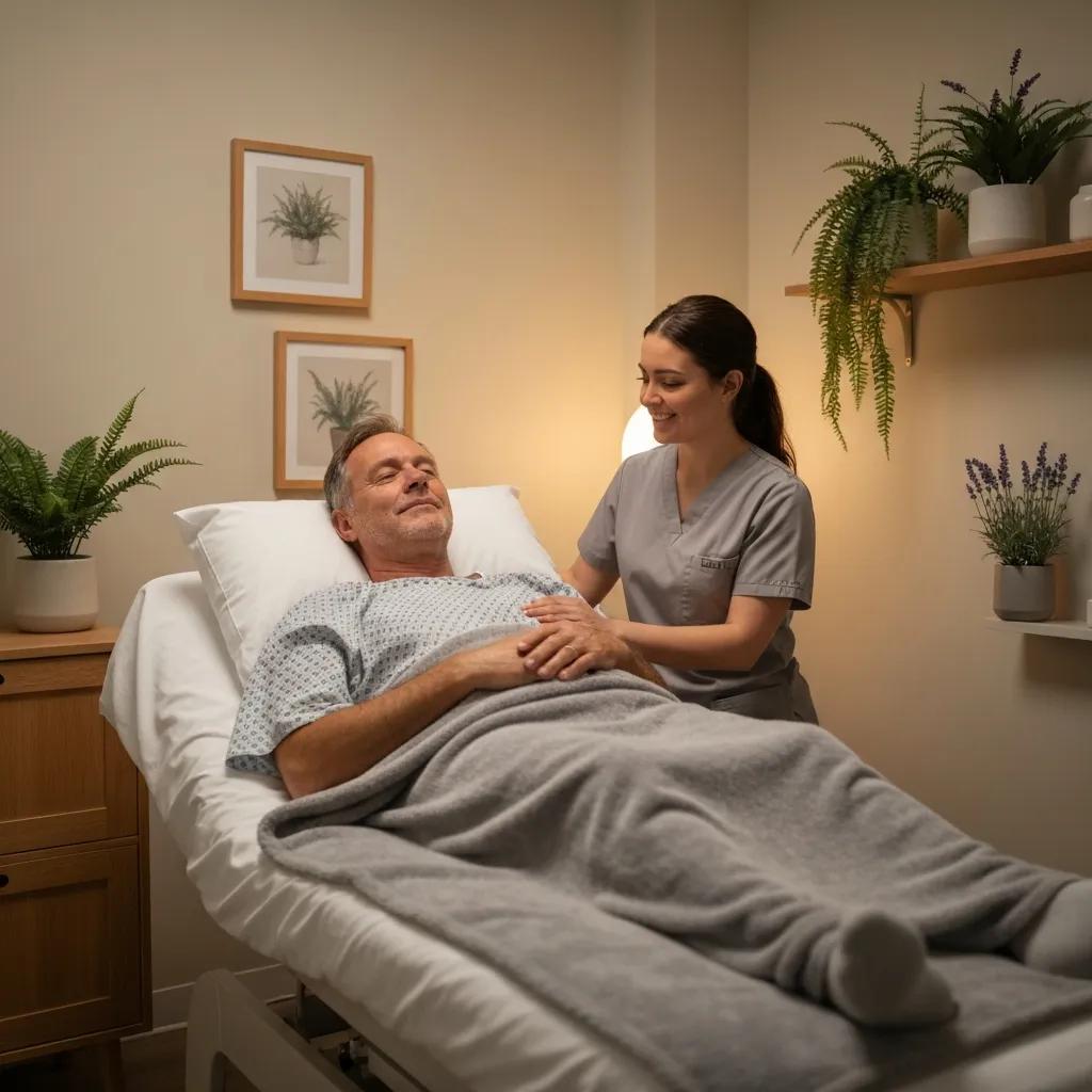 Patient resting comfortably after sedation dentistry with staff support