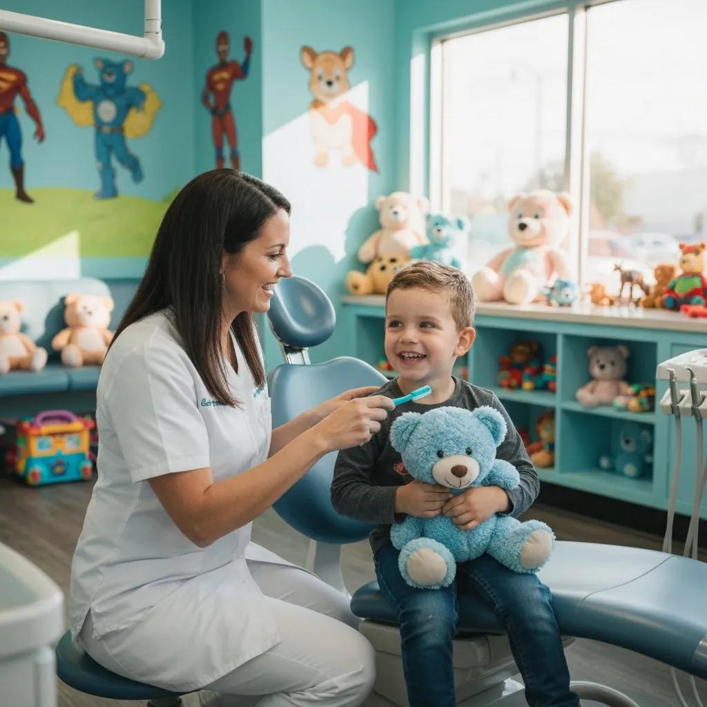 Pediatric dentist showing a child how to brush in a colorful, child-friendly treatment room
