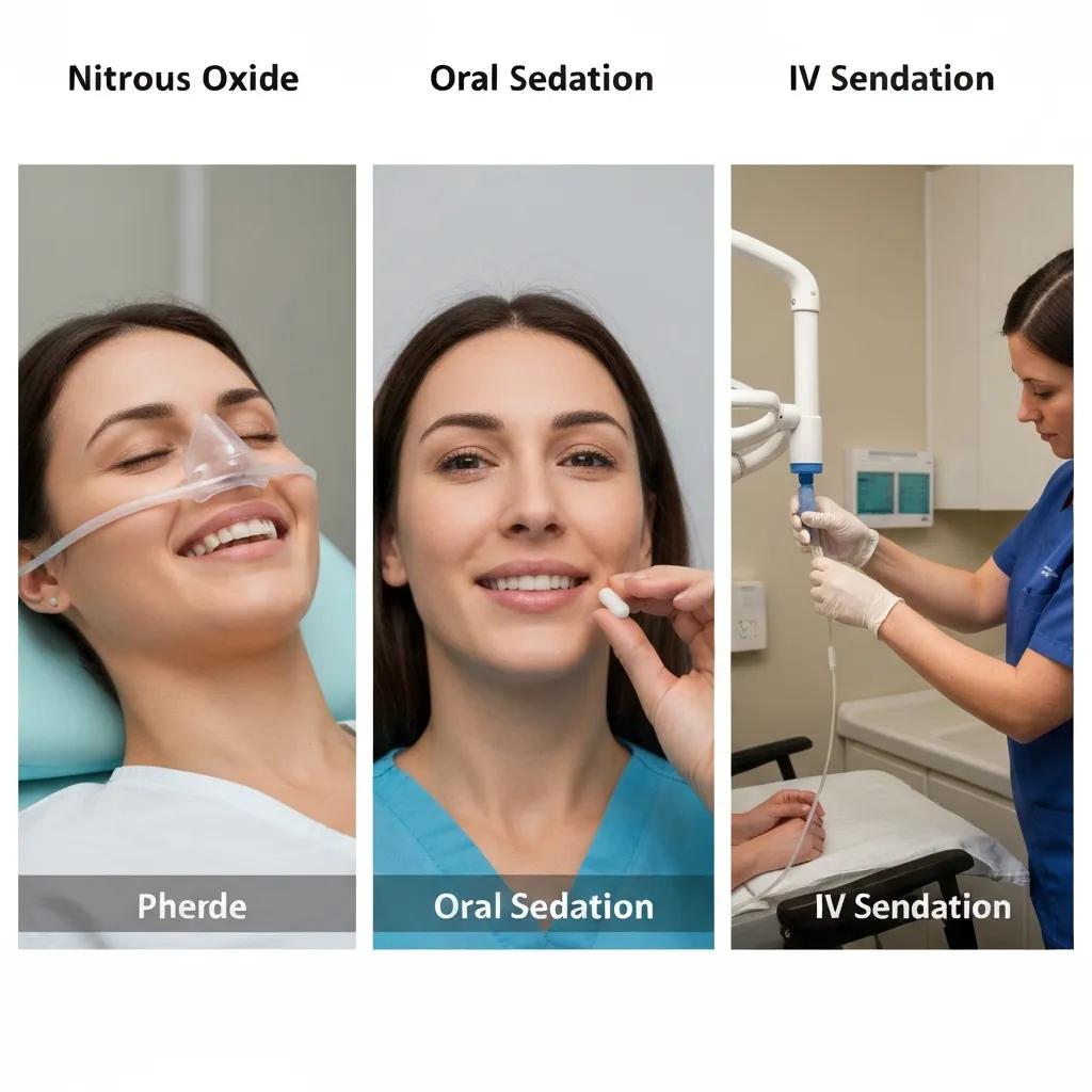Side-by-side illustration comparing nitrous oxide, oral sedation, and IV sedation options