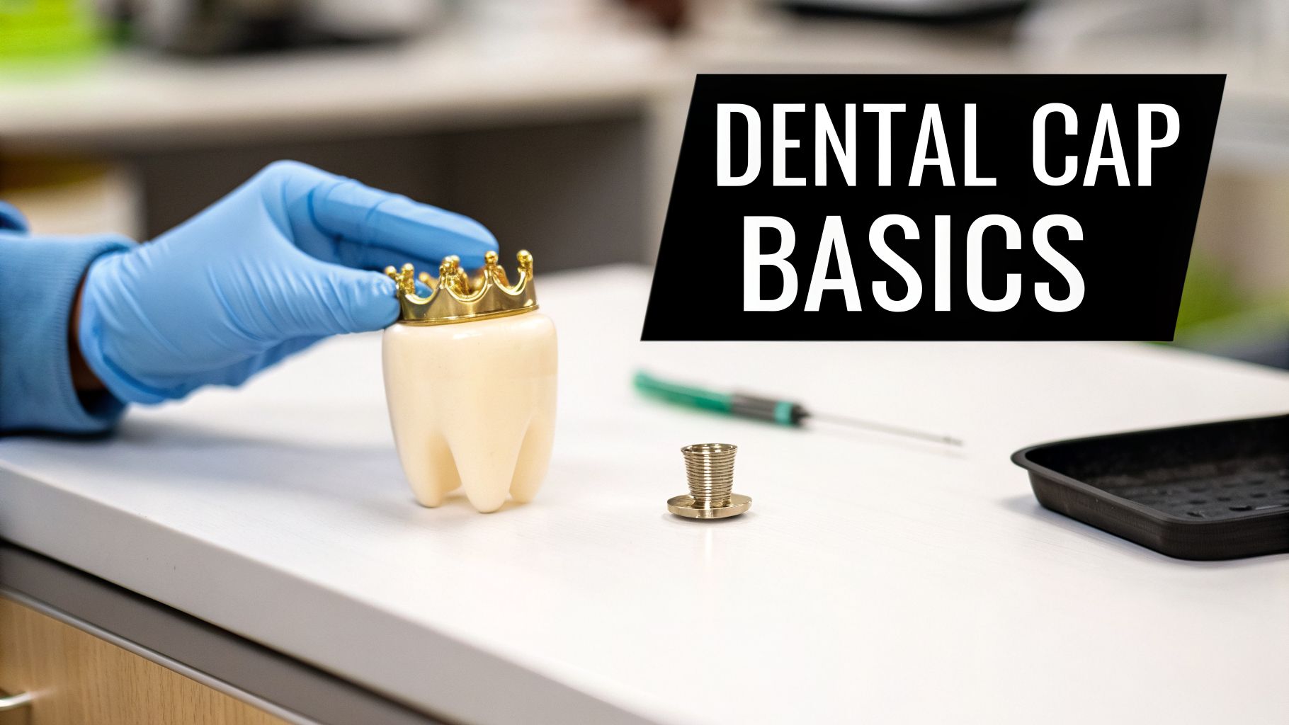 A gloved hand holds a model tooth with a gold crown, next to dental tools and 'Dental Cap Basics' text.