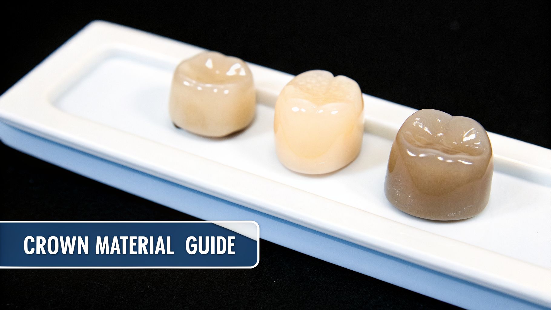 Three dental crowns of varying shades displayed on a white tray, with a 'CROWN MATERIAL GUIDE' banner.