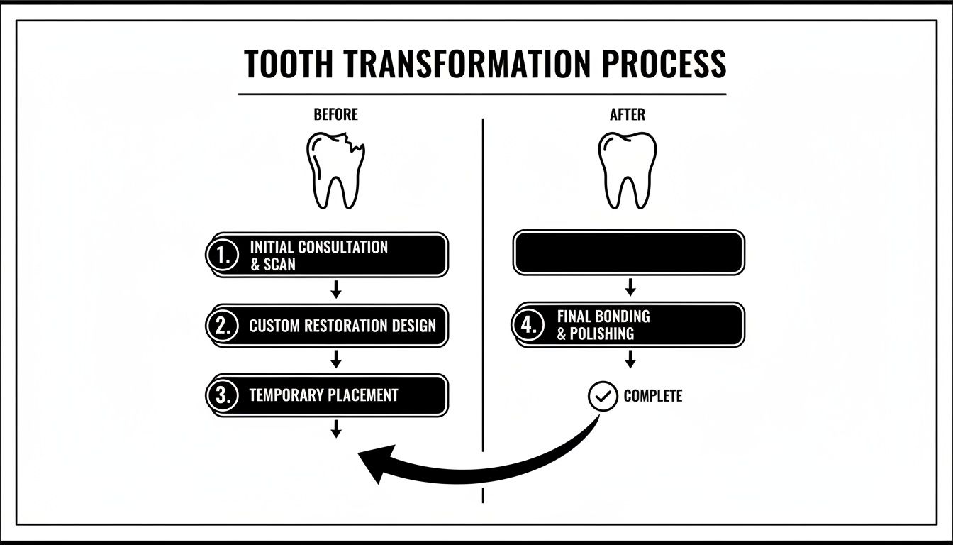 Diagram illustrating a tooth transformation process from a chipped tooth to a perfect one, detailing steps.