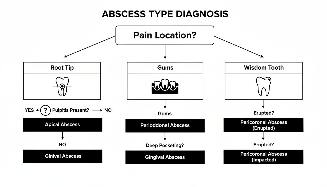 A flowchart guides dental abscess type diagnosis based on pain location: root tip, gums, or wisdom tooth.