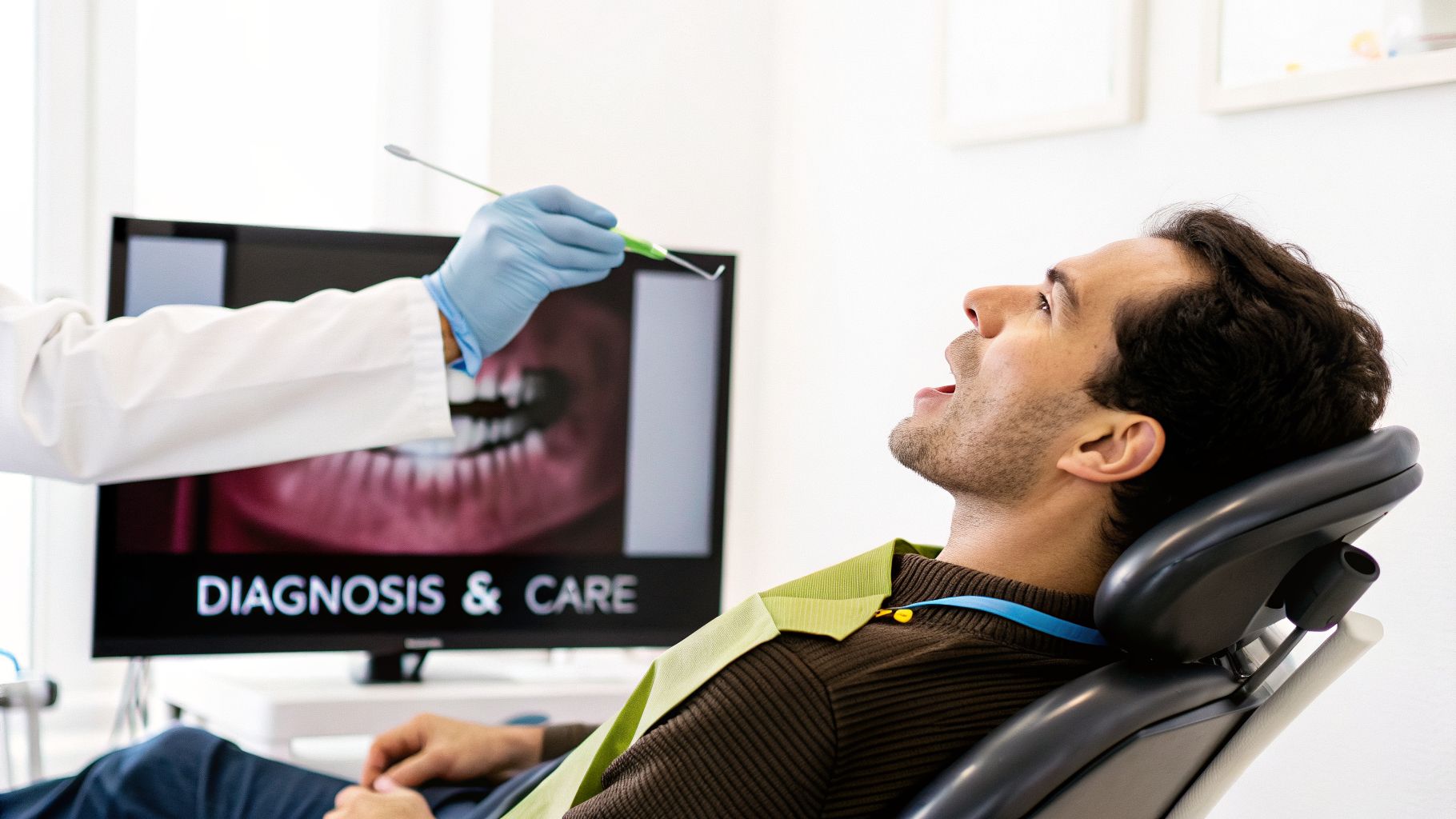 A dentist examines a male patient in a dental chair, with a 'Diagnosis & Care' screen.