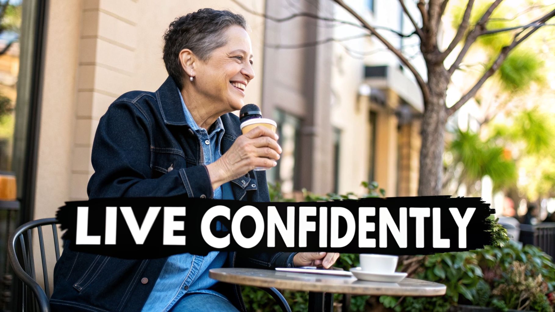 A happy older woman with a denim jacket sitting at an outdoor cafe, holding a coffee and smiling.