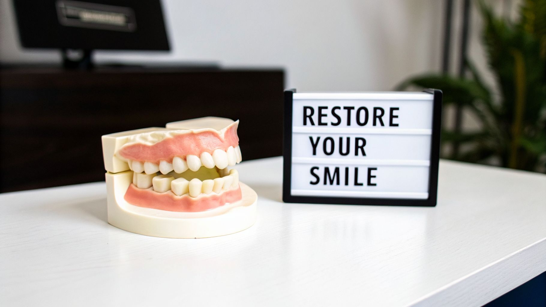 A dental model of teeth and gums displayed next to a lightbox sign that reads "RESTORE YOUR SMILE."