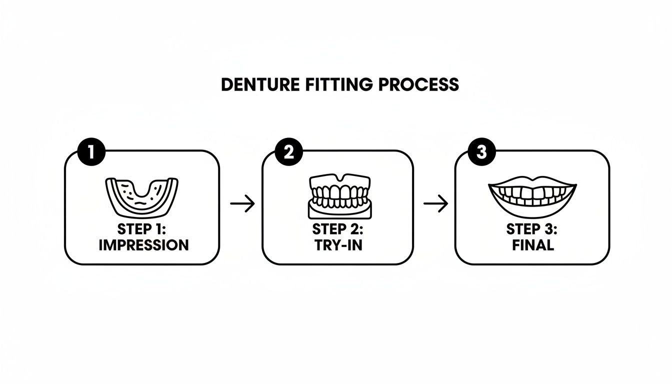 An infographic illustrating the three steps of the denture fitting process: impression, try-in, and final.