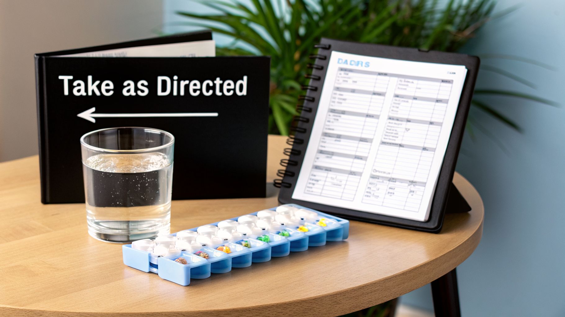A light blue pill organizer, a glass of water, and a 'Take as Directed' book on a wooden table.