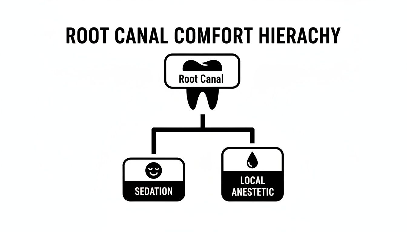 A hierarchy diagram illustrating root canal comfort options: sedation and local anesthetic.