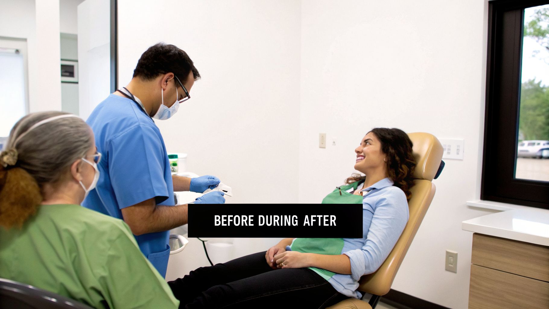 A male dentist and female assistant attend to a smiling female patient in a dental office.