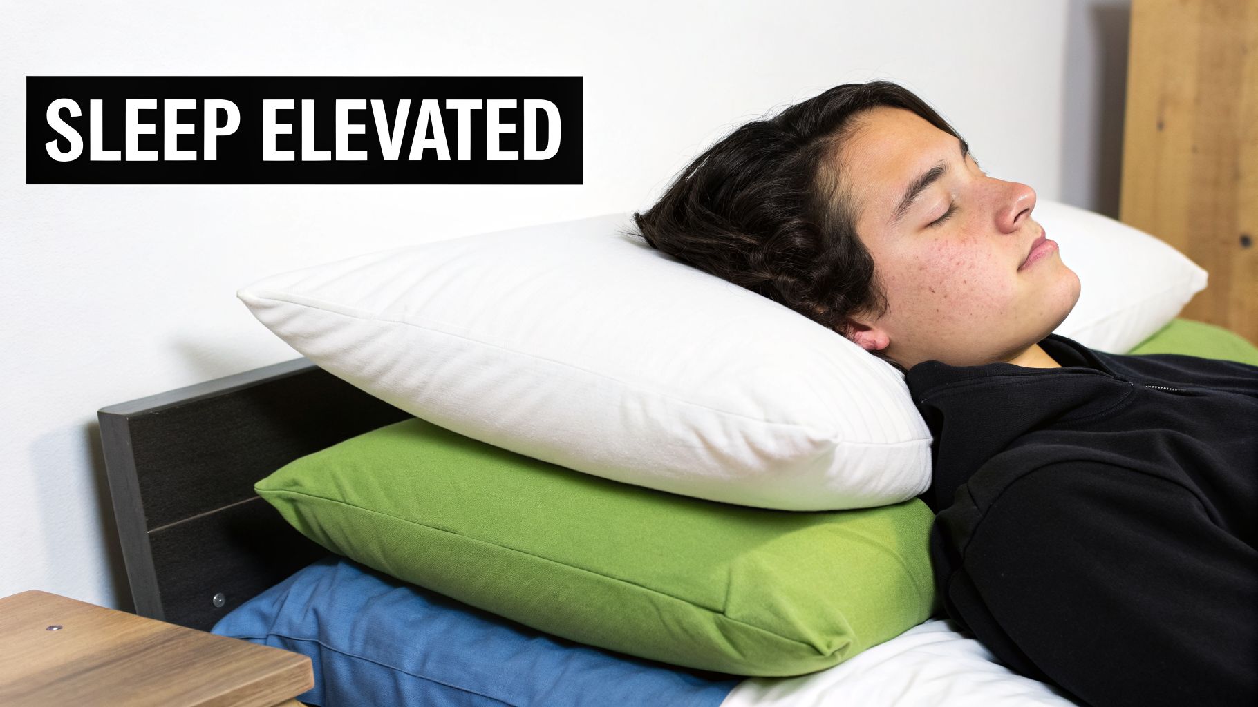 A person sleeps peacefully elevated on a stack of white, green, and blue pillows in bed.