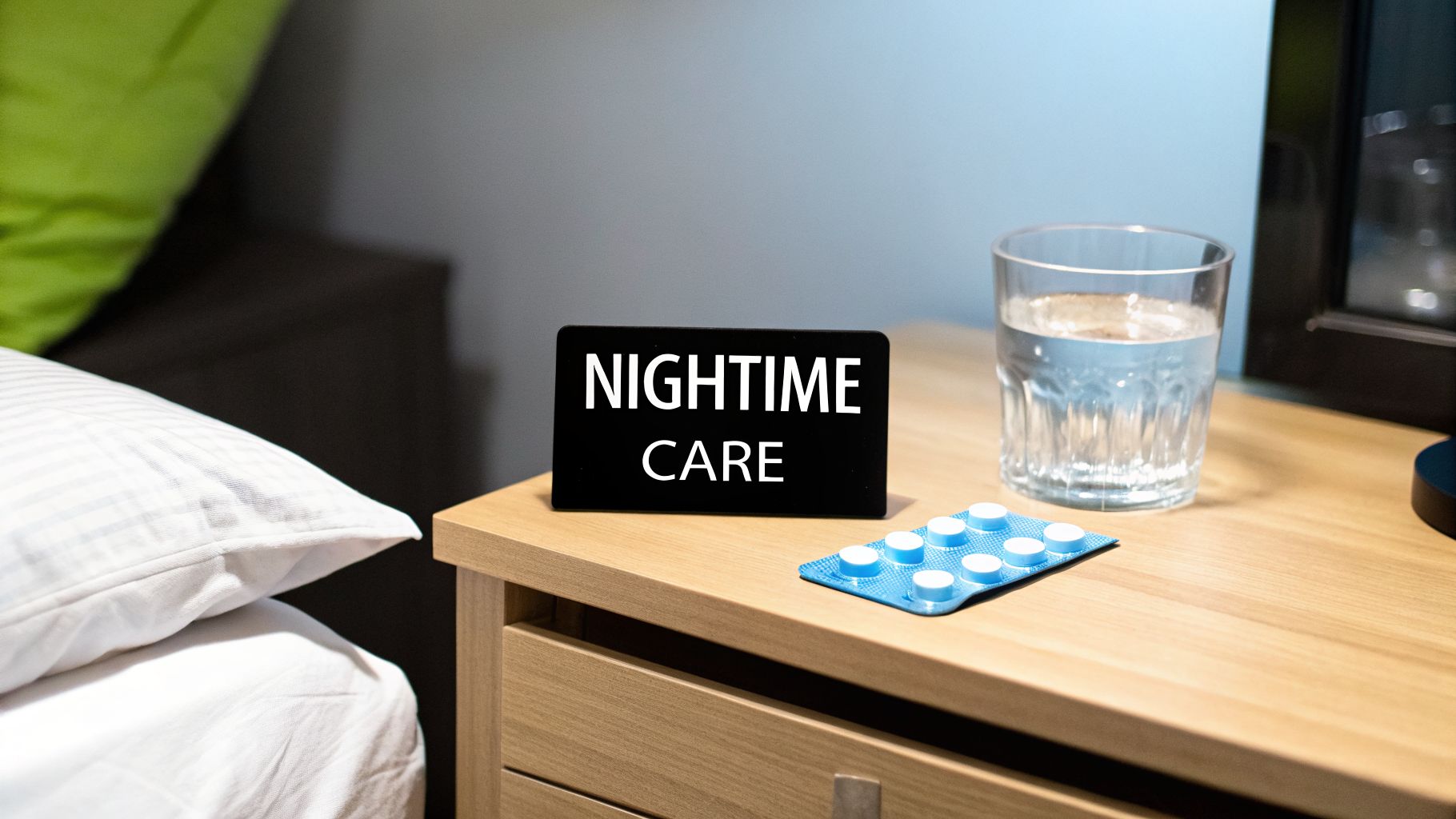 A bedside table with a "NIGHTTIME CARE" sign, water, and pills, next to a white pillow.