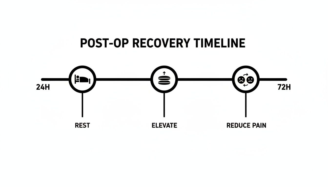 A post-operative recovery timeline illustrating three key steps: rest, elevate, and reduce pain, spanning 24 to 72 hours.