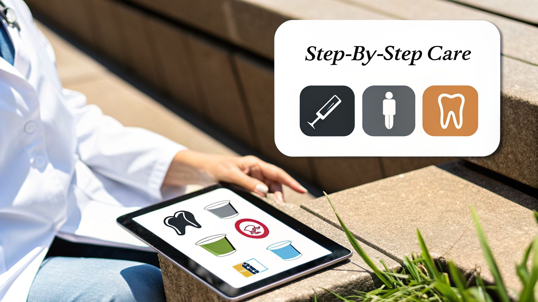A person in a lab coat uses a tablet displaying medical icons, alongside a 'Step-By-Step Care' sign.