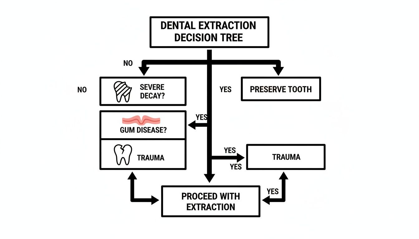 Flowchart: Dental Extraction Decision Tree. Paths for tooth preservation or extraction, based on decay, gum disease, or trauma.