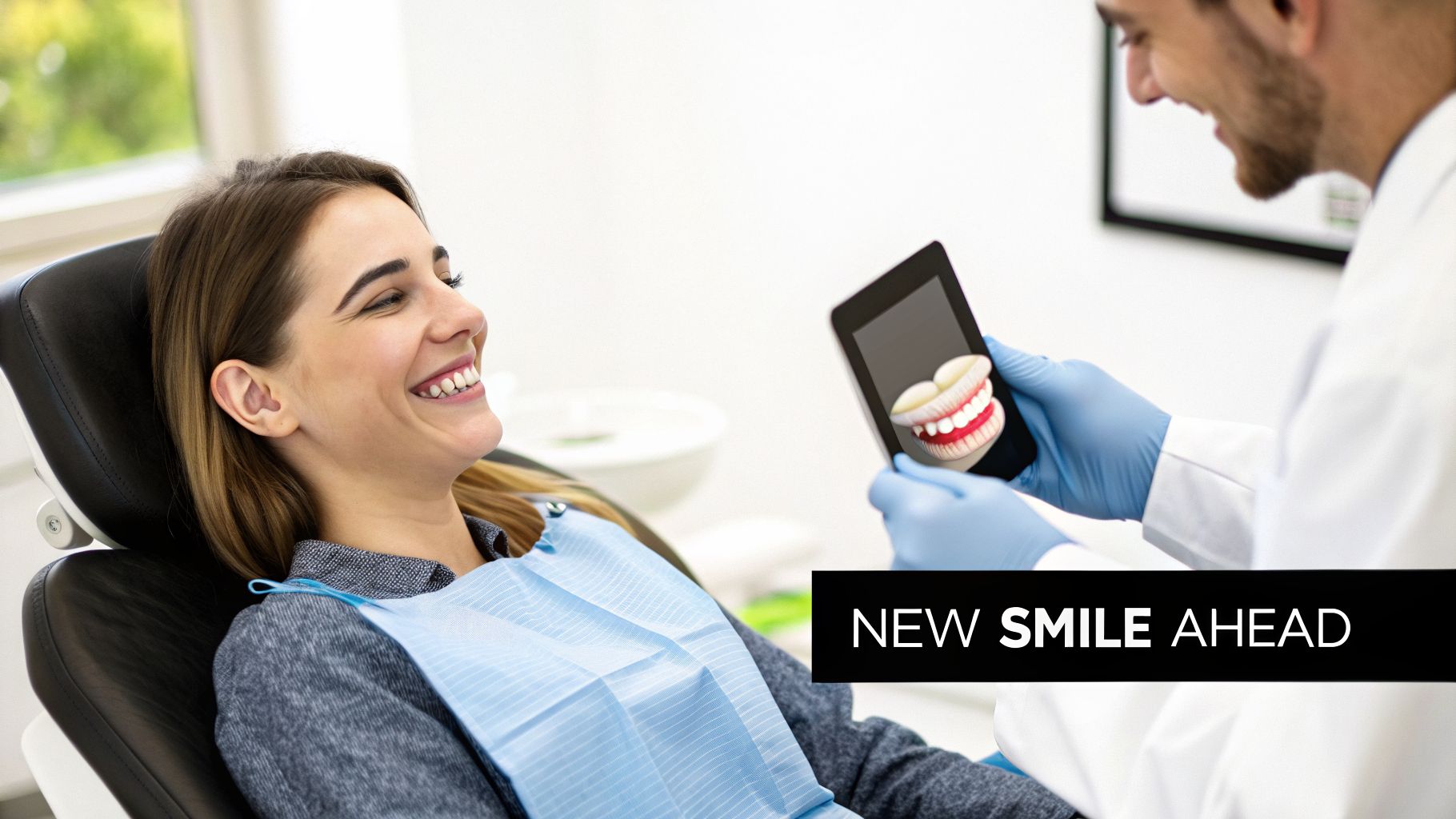 A happy woman in a dental chair looks at a dentist holding a tablet showing a smile simulation.