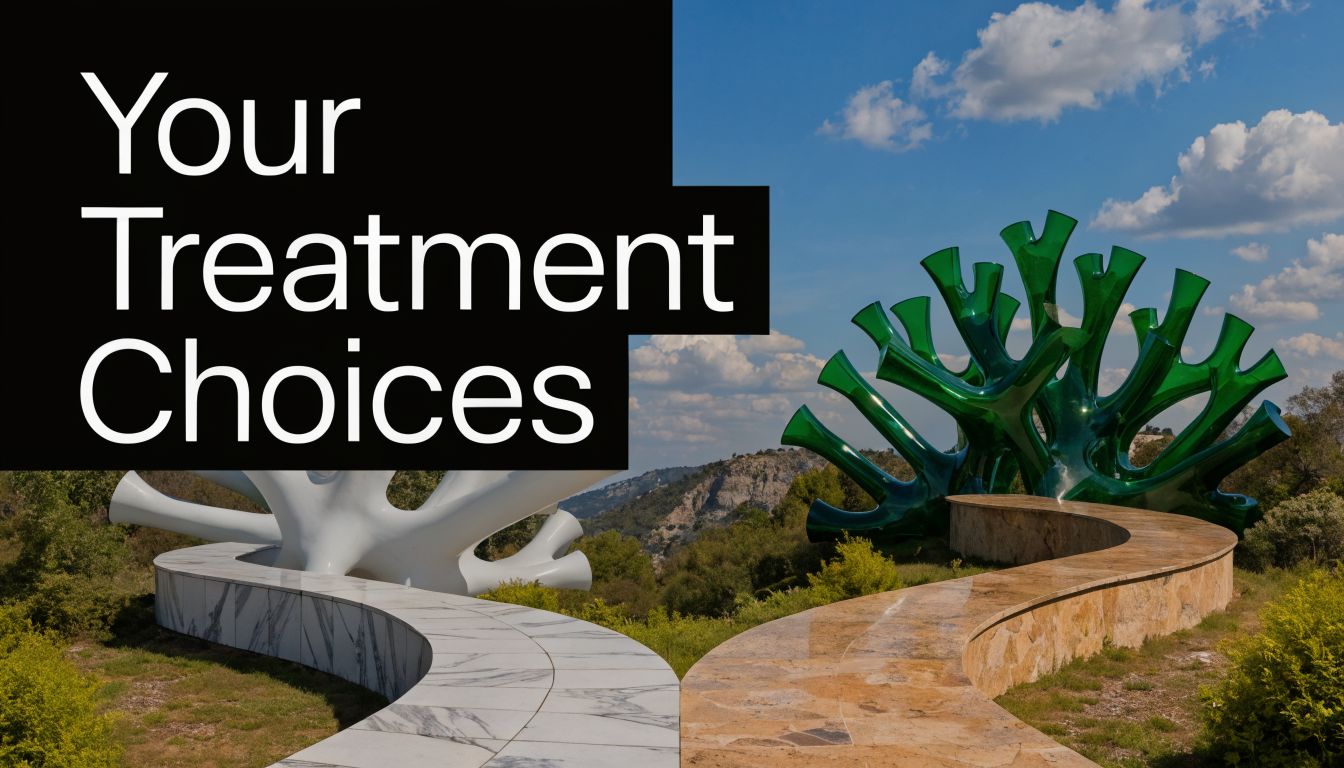 A visual representation of medical treatment options featuring two distinct sculptural paths in a scenic landscape.