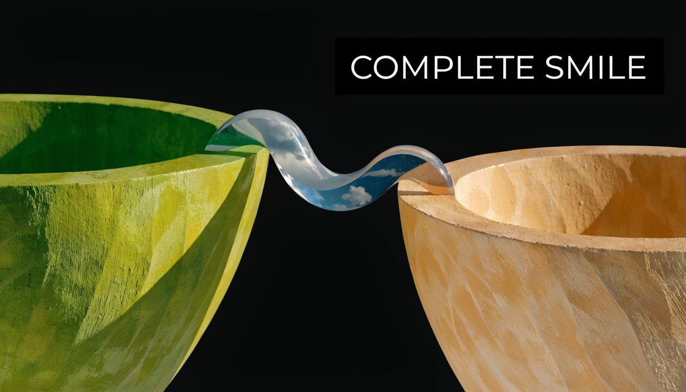 A conceptual image showing a glossy, wave-like object connecting a green and wooden bowl against black background.