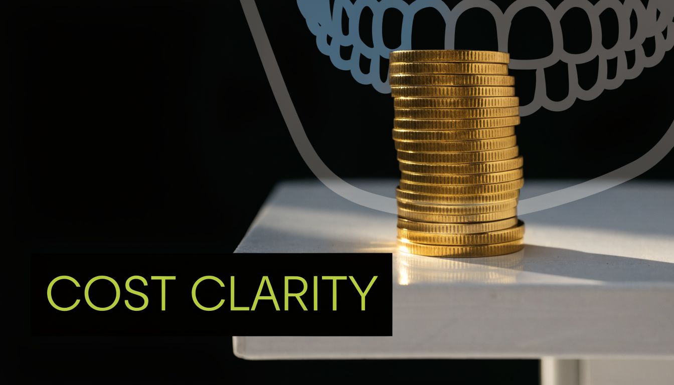 A stack of gold coins on a white surface with the text COST CLARITY underneath them.