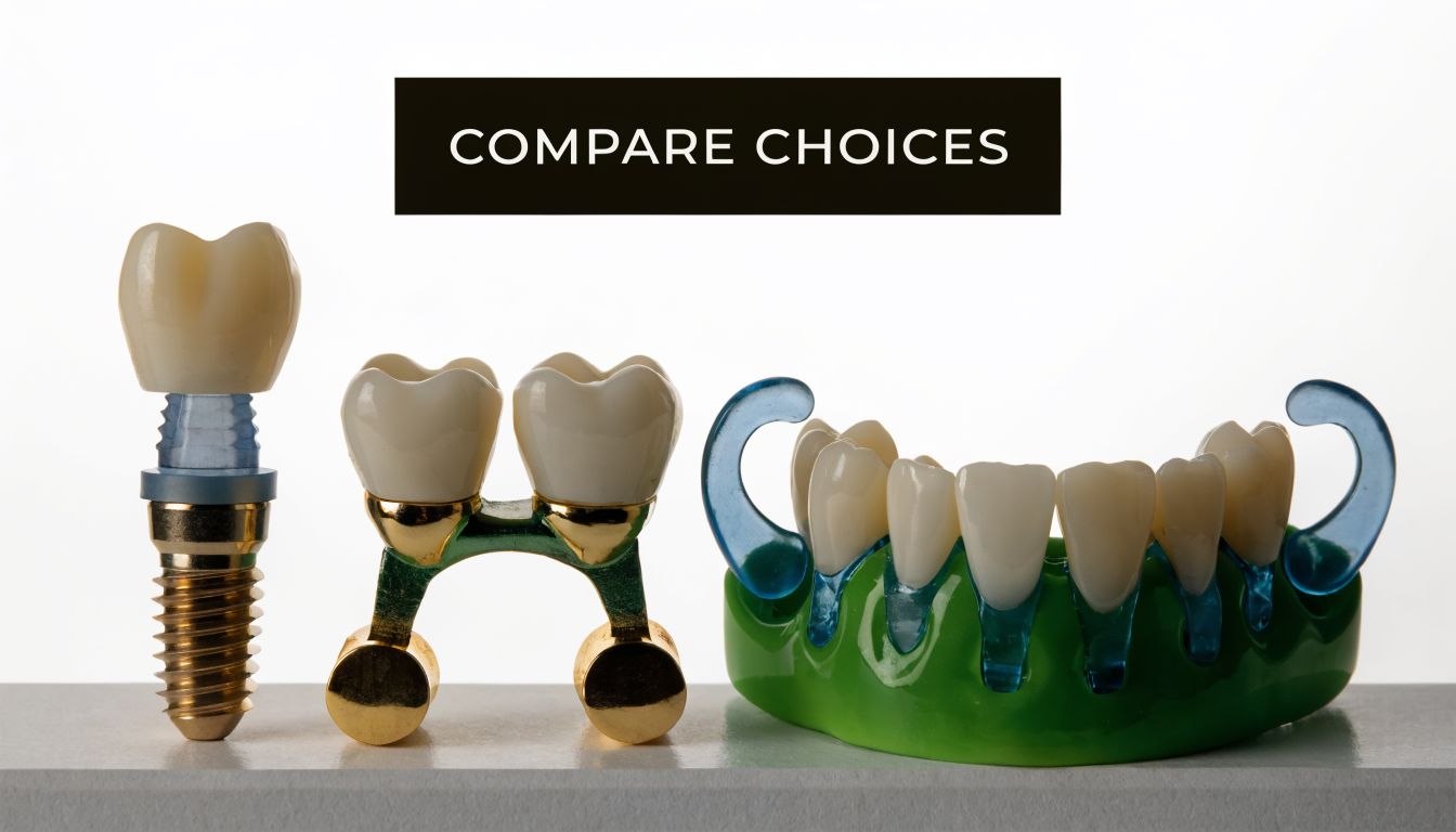 Comparison of dental restoration options including a single implant, a dental bridge, and partial dentures.