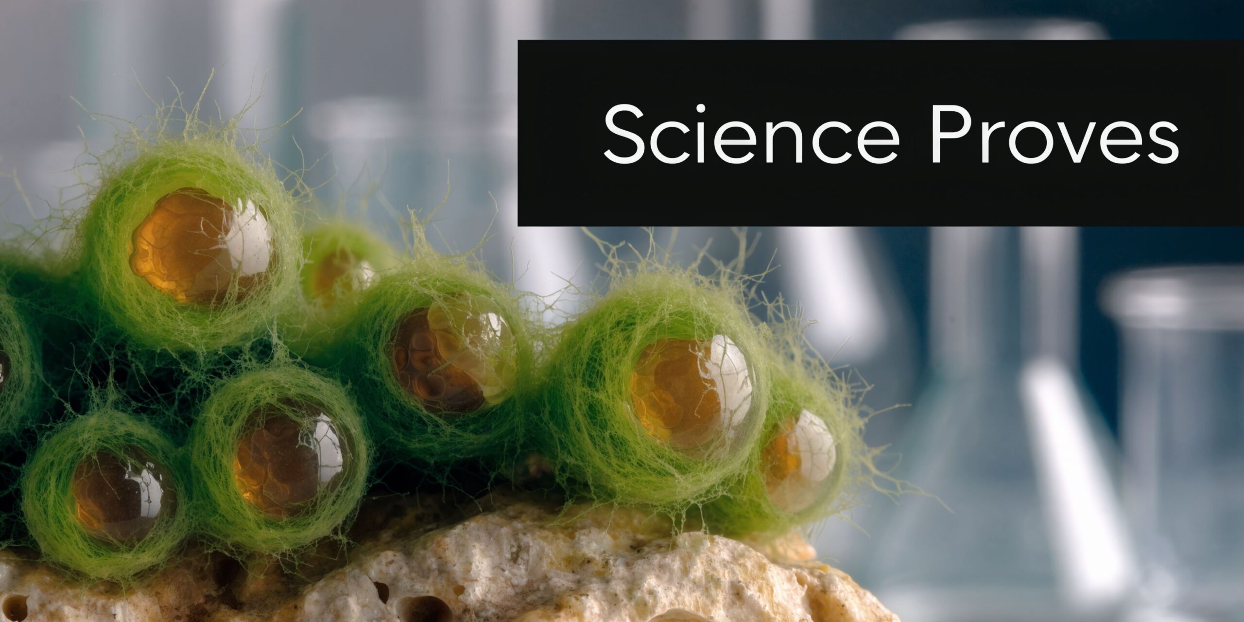 Microscopic view of green algae-encased structures resembling egg cells on a textured rock surface in a laboratory.