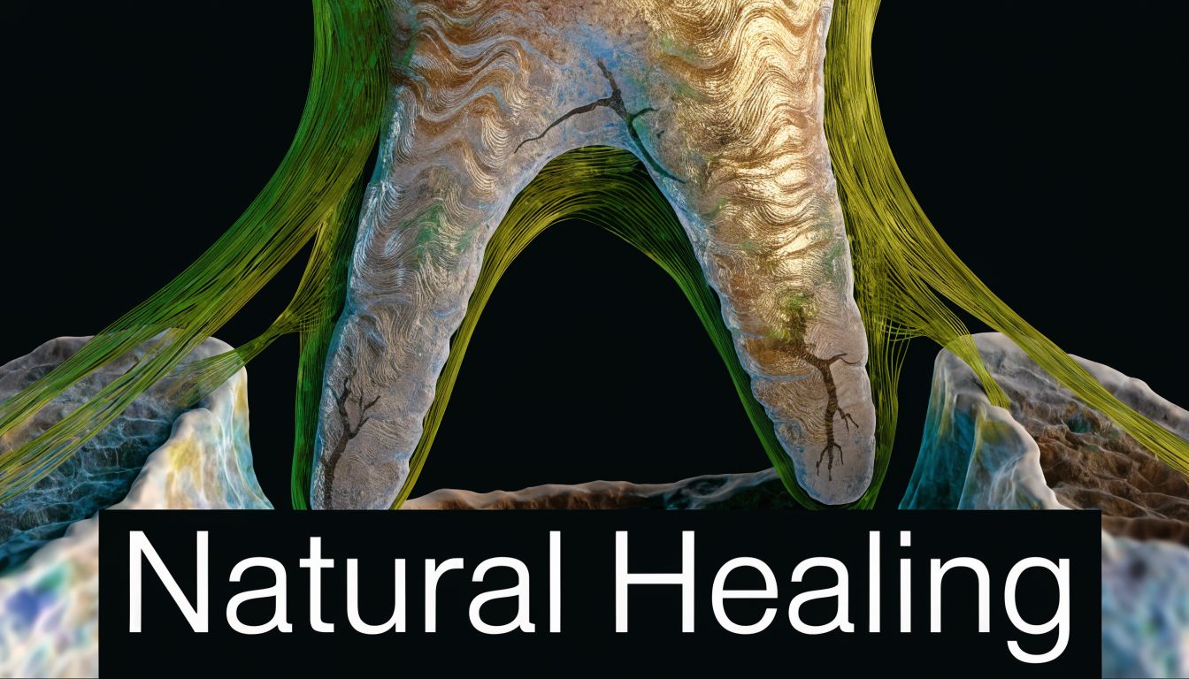 A 3D rendering of a tooth attached by ligaments to bone with the text Natural Healing below.