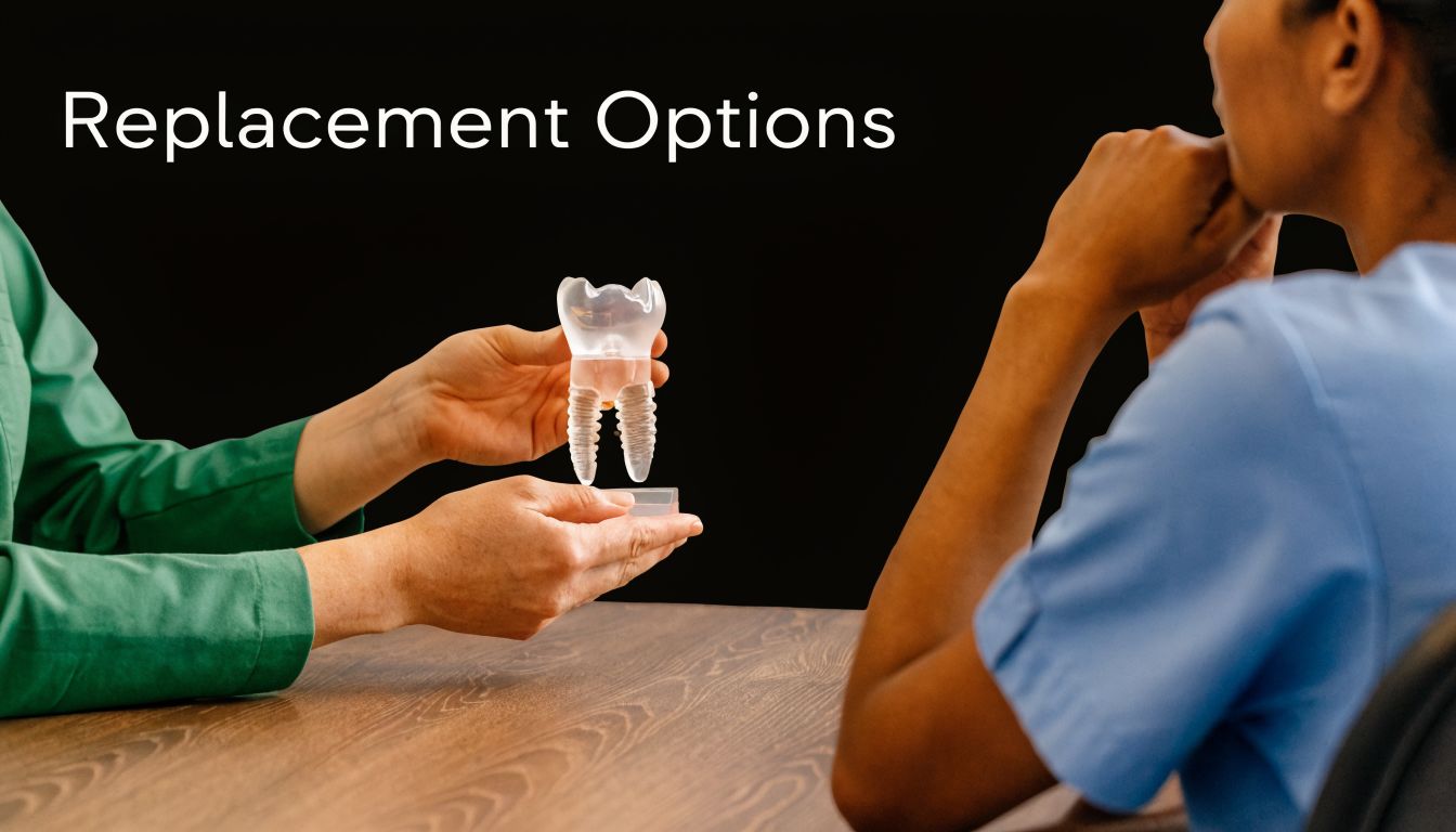 A dentist showing a dental implant model to a patient in a consultation room setting.