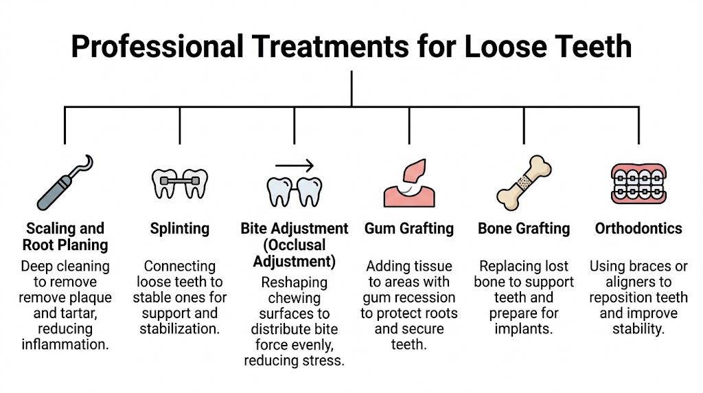 A diagram illustrating six professional dental treatment options for managing and stabilizing loose teeth in adults.