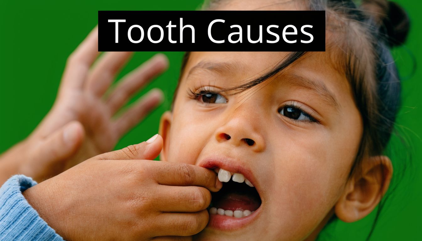 A close-up view of a child touching their loose front tooth while looking distressed