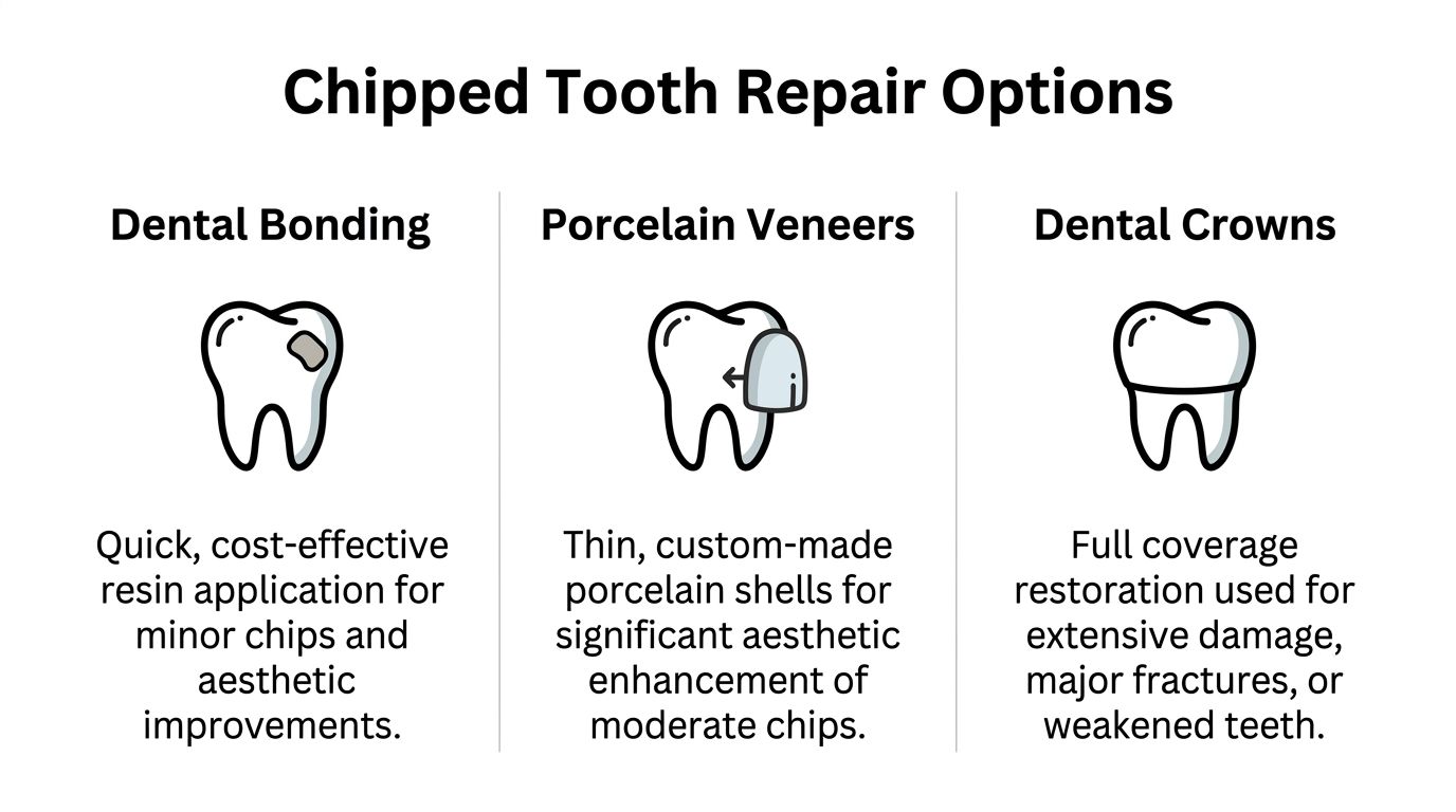 An infographic illustrating three common dental repair options for chipped teeth: dental bonding, porcelain veneers, and dental crowns.