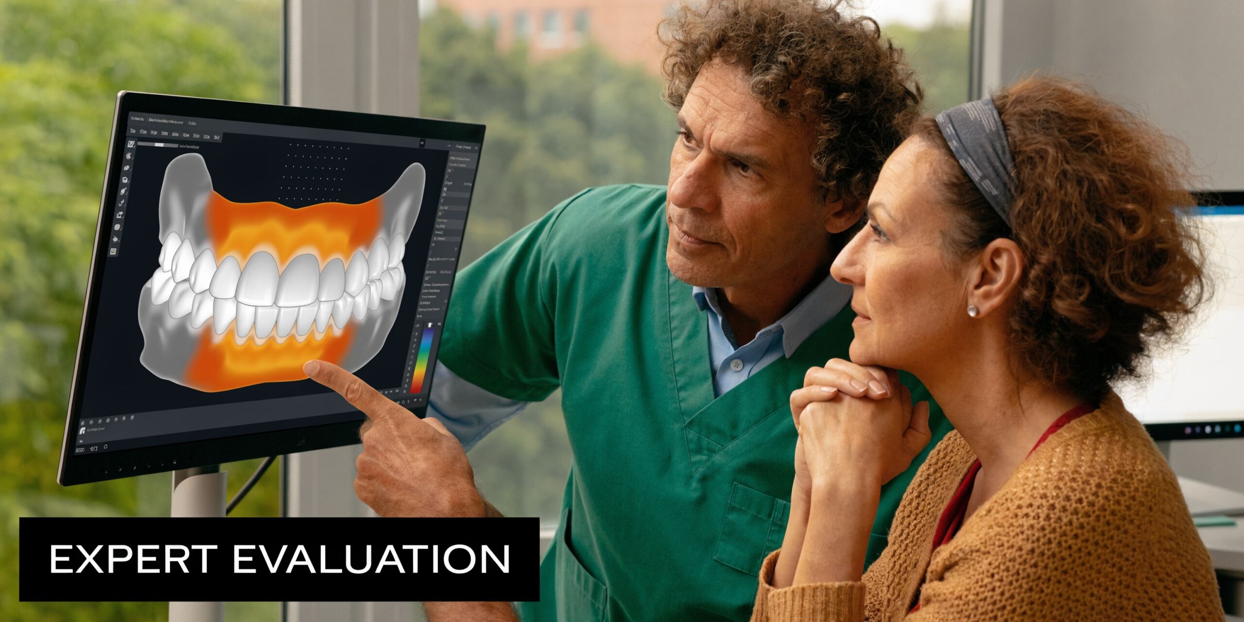 A dentist explaining dental treatment options to a female patient using a 3D scan on screen.