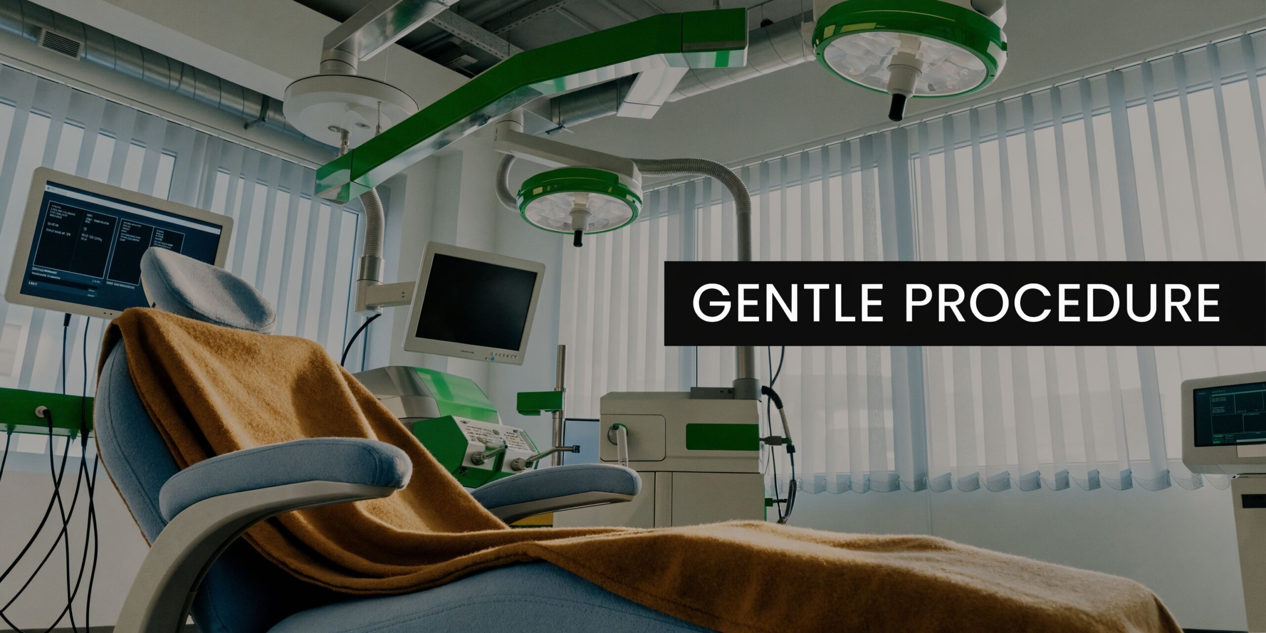 A modern medical or dental surgical suite with a treatment chair, clinical lighting, and advanced monitoring screens.