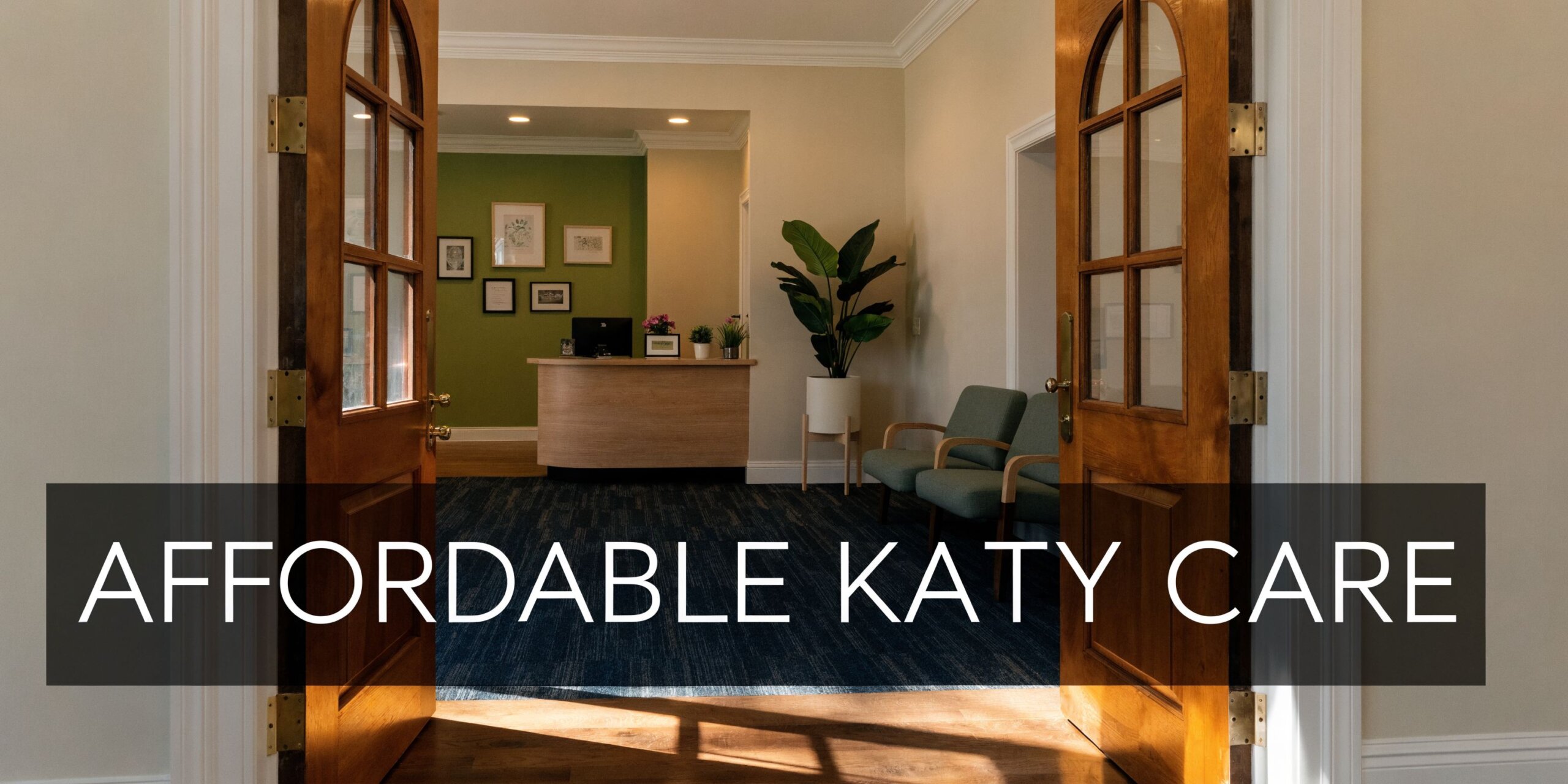 A warm and inviting dental clinic reception area featuring wooden doors, comfortable chairs, and a front desk.