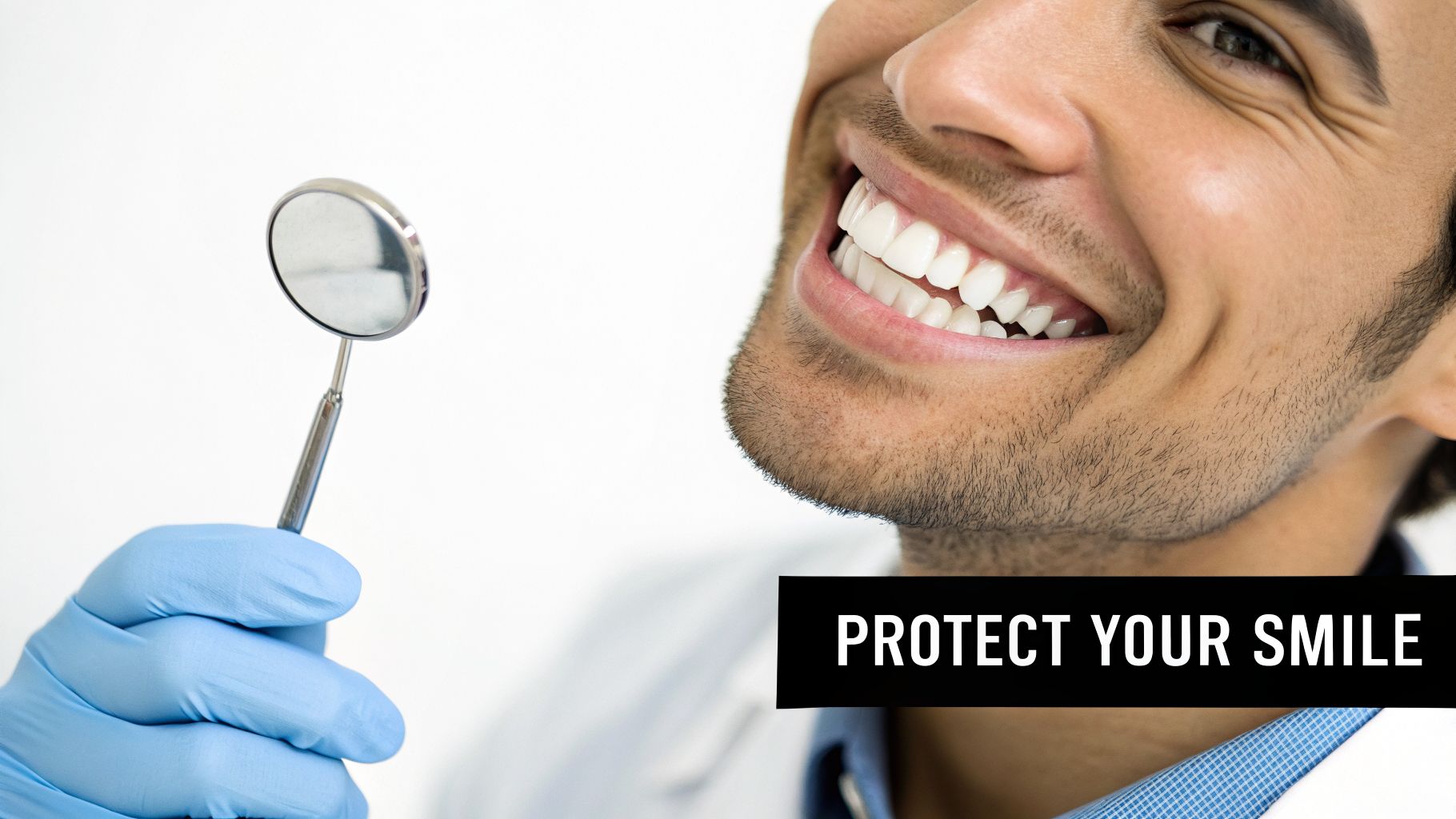 A person with a bright smile and a gloved hand holding a dental mirror. Text says 'PROTECT YOUR SMILE'.