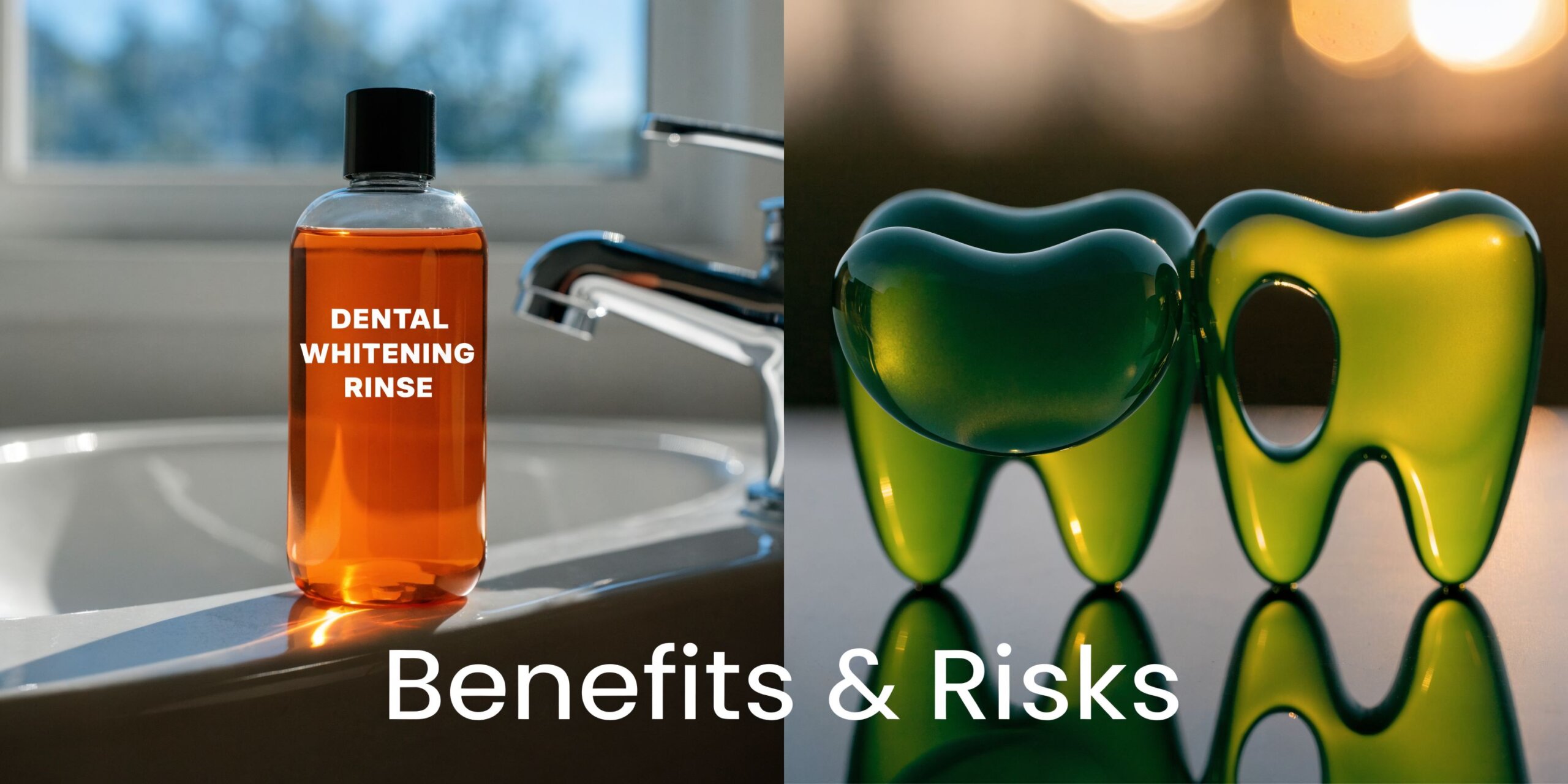 A bottle of dental whitening rinse next to stylized glass teeth symbols reflecting on a surface.