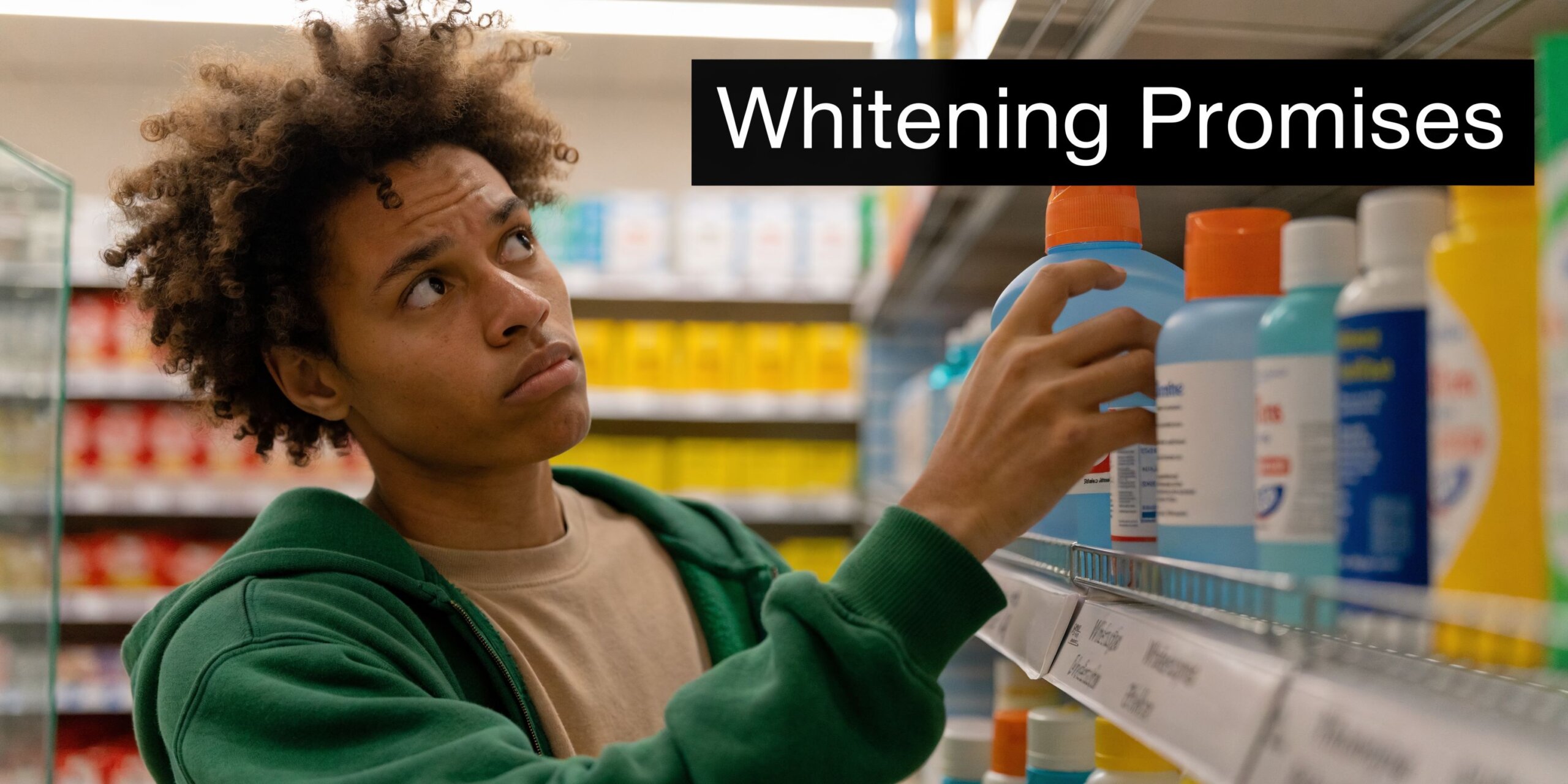 A young man with curly hair looking thoughtfully at a blue mouthwash bottle on a store shelf.