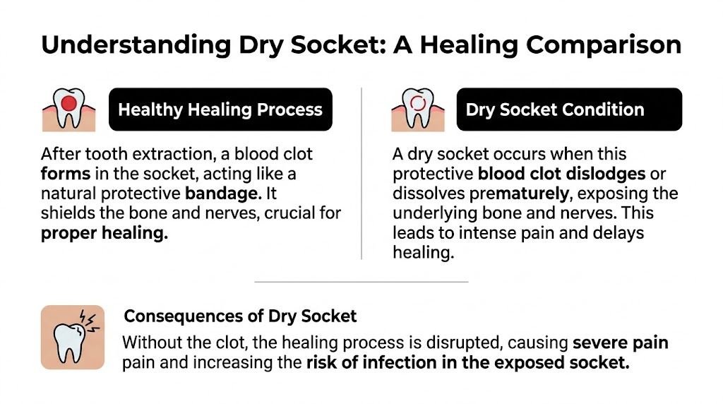 A diagram comparing the healthy healing process of a tooth socket versus the condition of a dry socket.