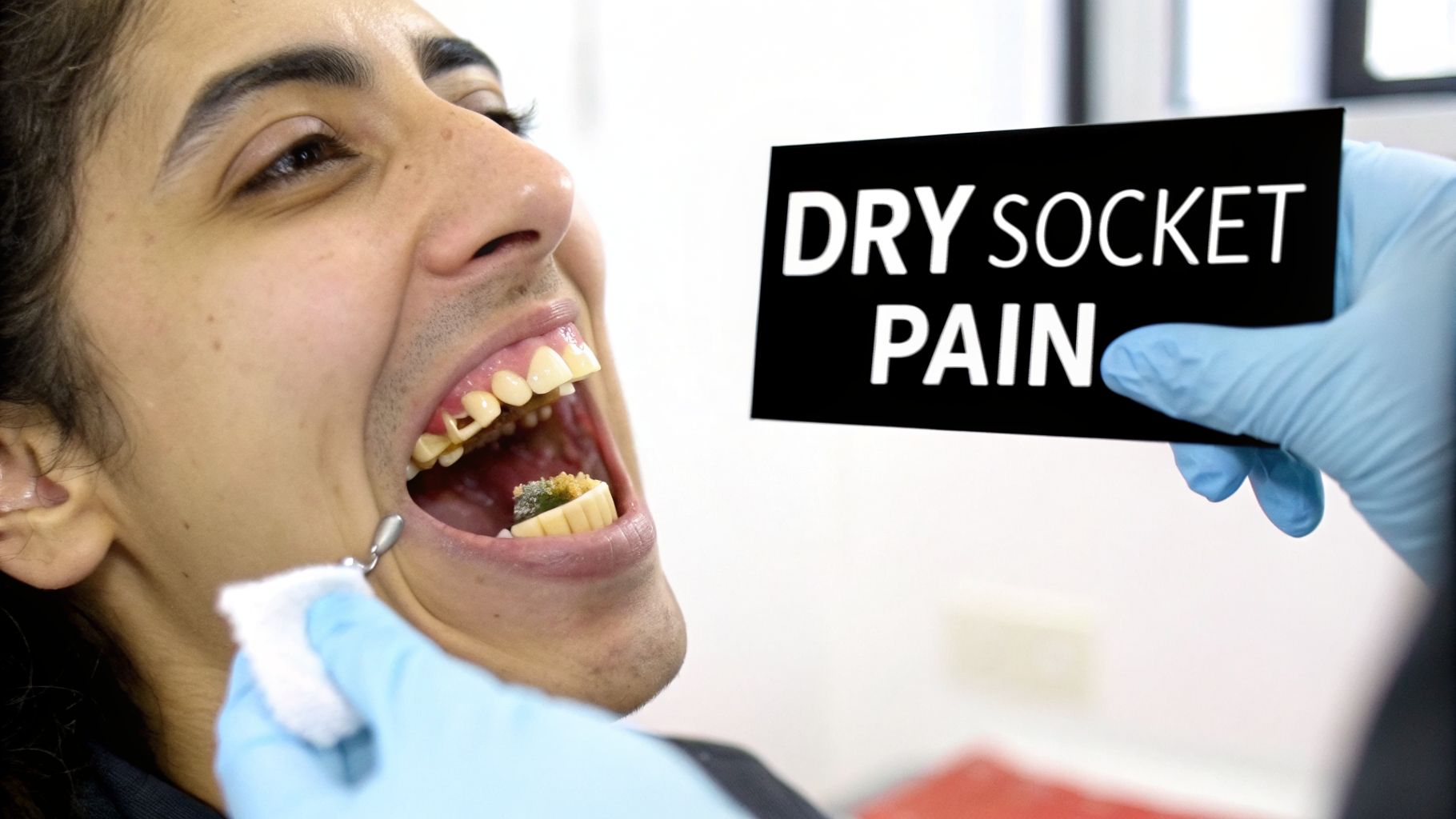 Close-up of a person's open mouth with visible teeth and gums, while a gloved hand treats it and another hand holds a sign saying 'DRY SOCKET PAIN'.