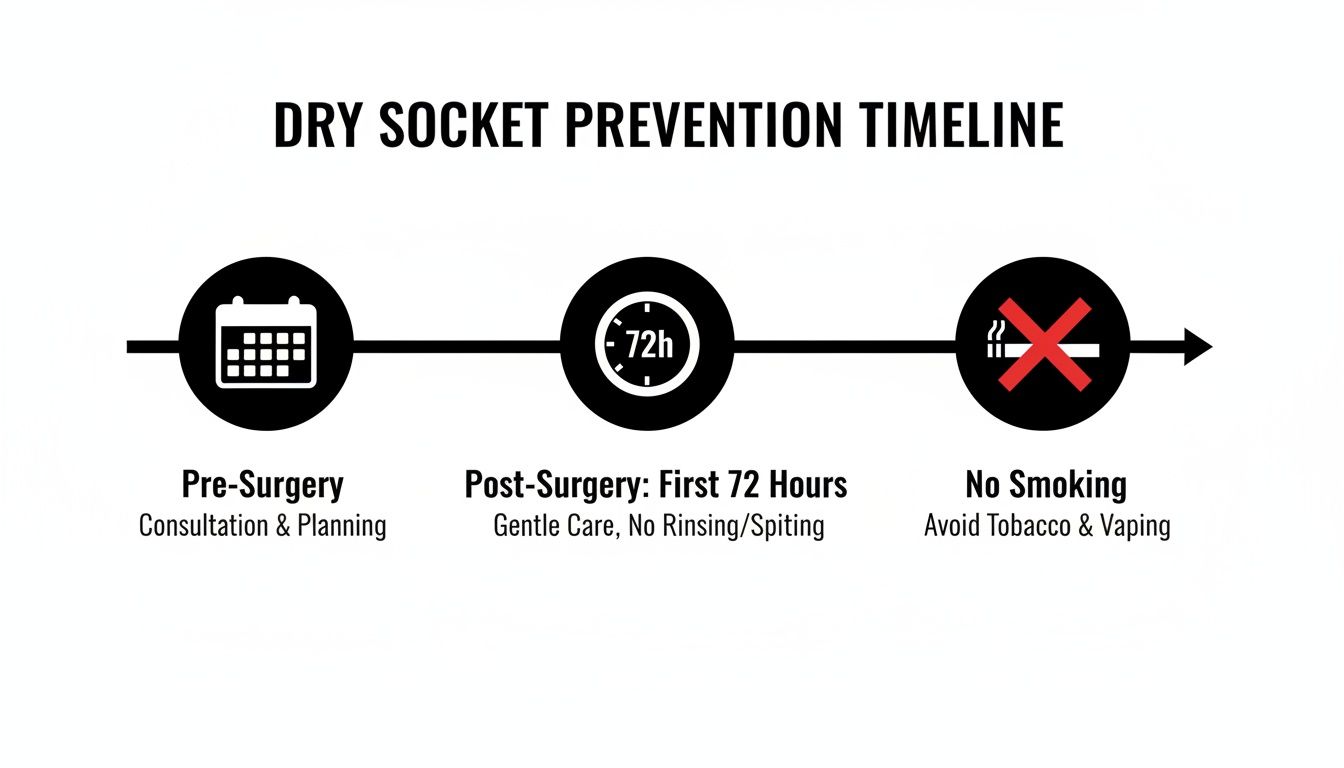 A dry socket prevention timeline illustrating pre-surgery, post-surgery first 72 hours, and no smoking.