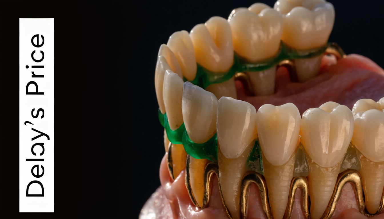A close-up view of a dental prosthetic model showing crowns and bridges on a gum model.