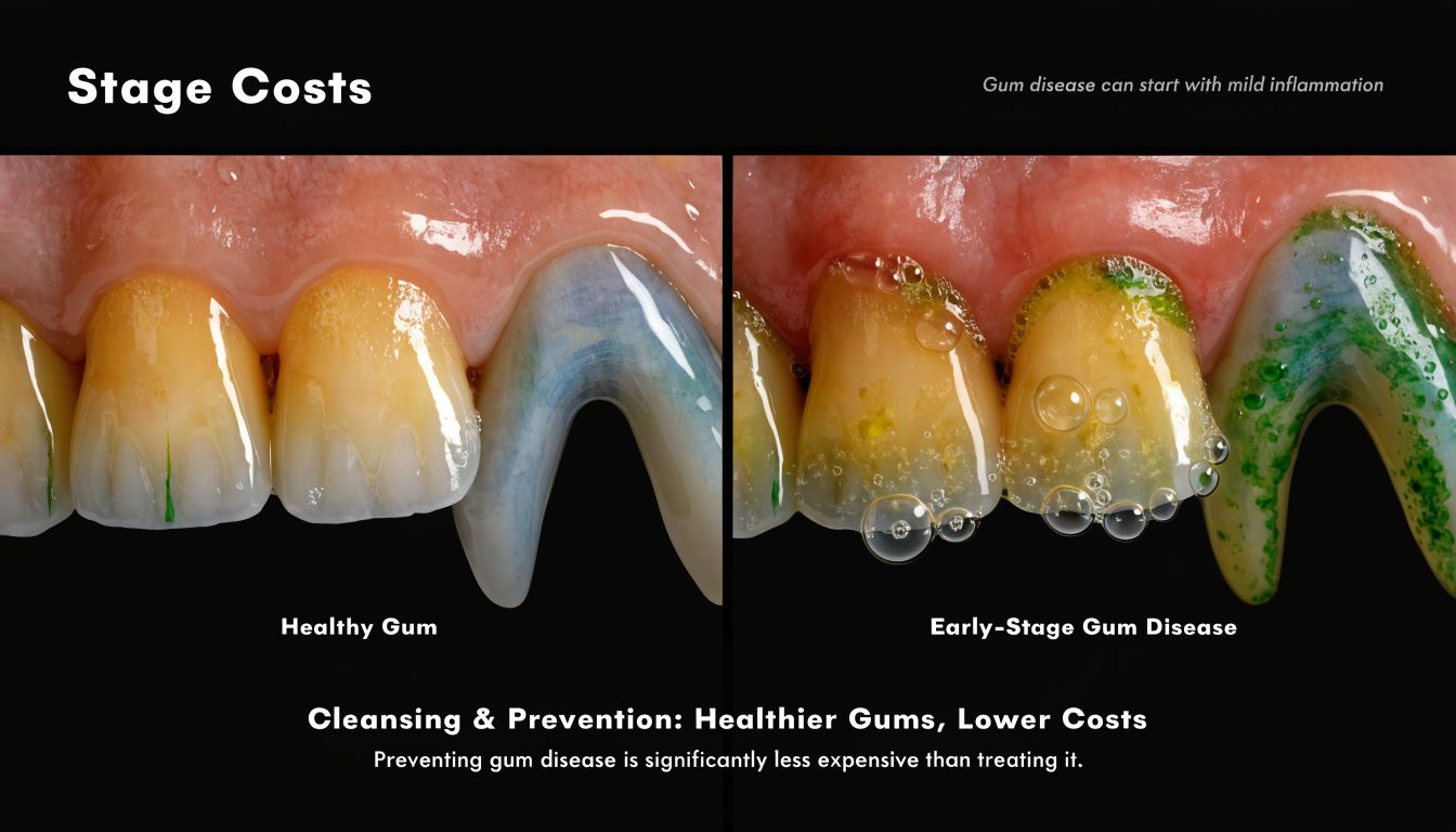 A split image comparing healthy gums on the left to early-stage gum disease on the right.