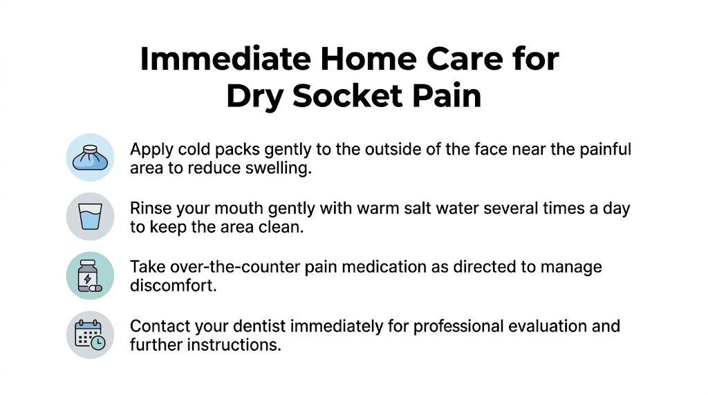 A list of four immediate home care tips for managing dry socket pain after dental surgery.