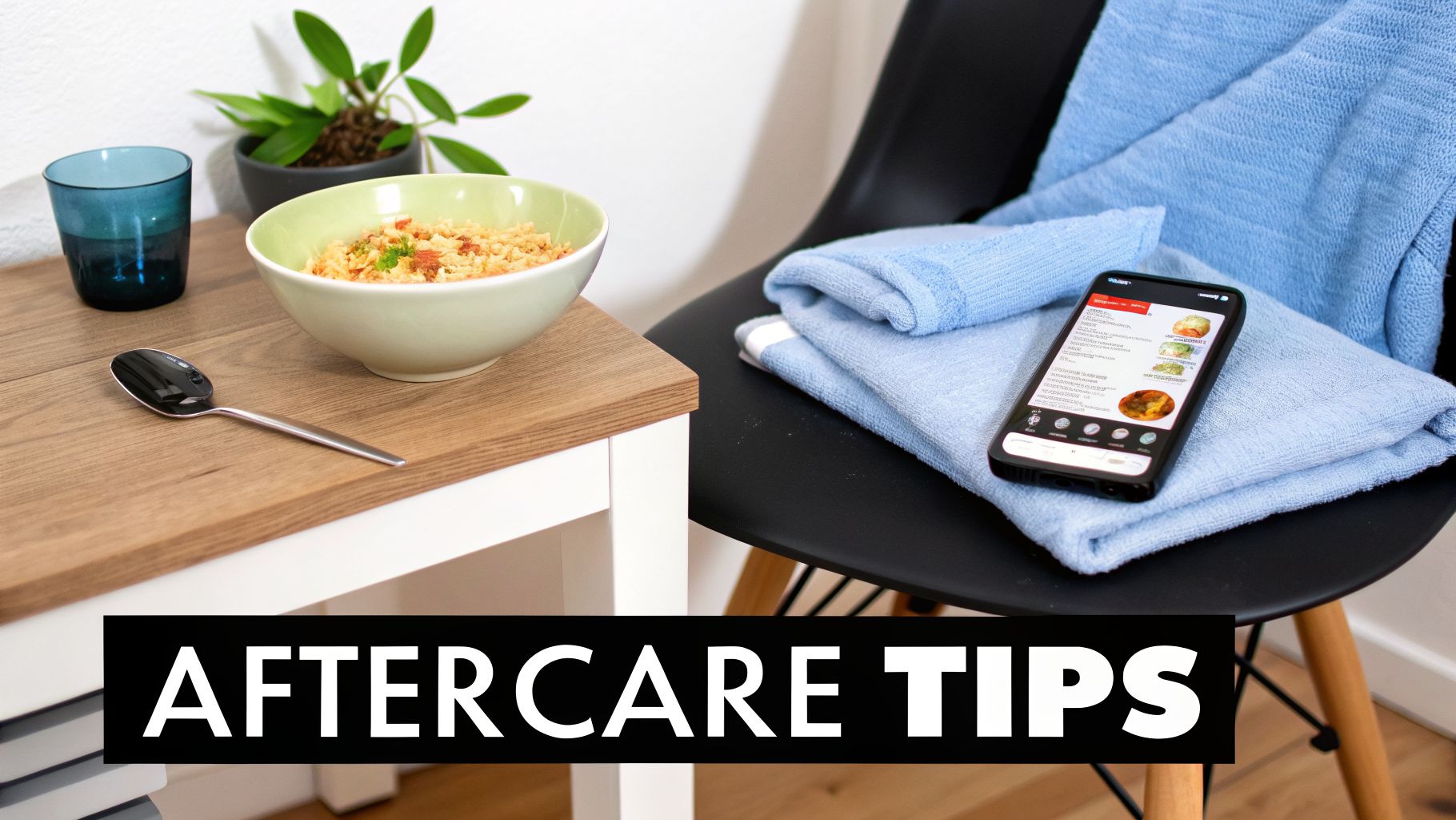 A light green bowl of food with a spoon and a blue glass on a wooden table, next to a chair with blue towels and a smartphone displaying aftercare tips.