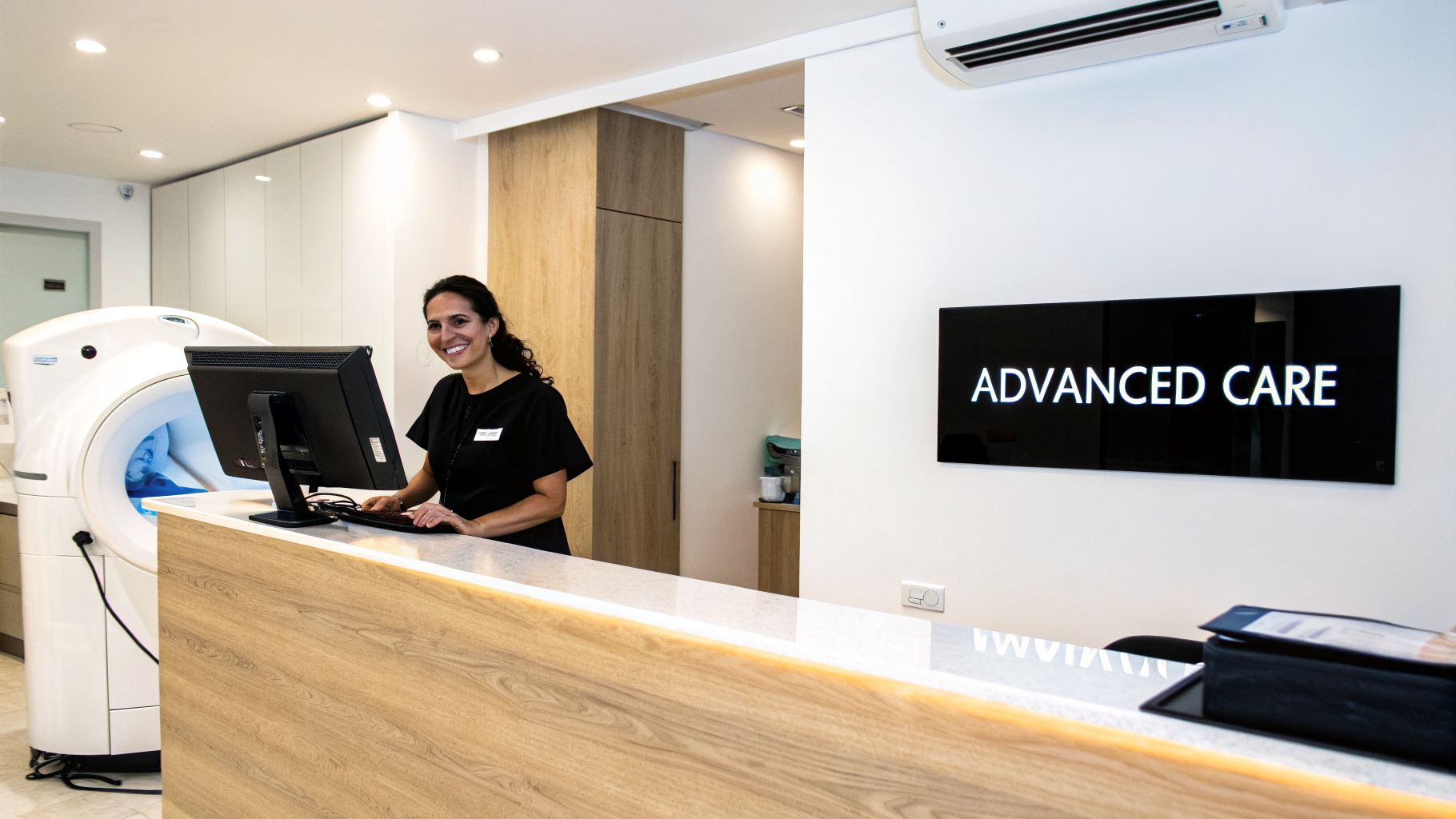 A smiling woman in a black scrub top stands at a modern reception desk with medical equipment and an 'Advanced Care' sign.
