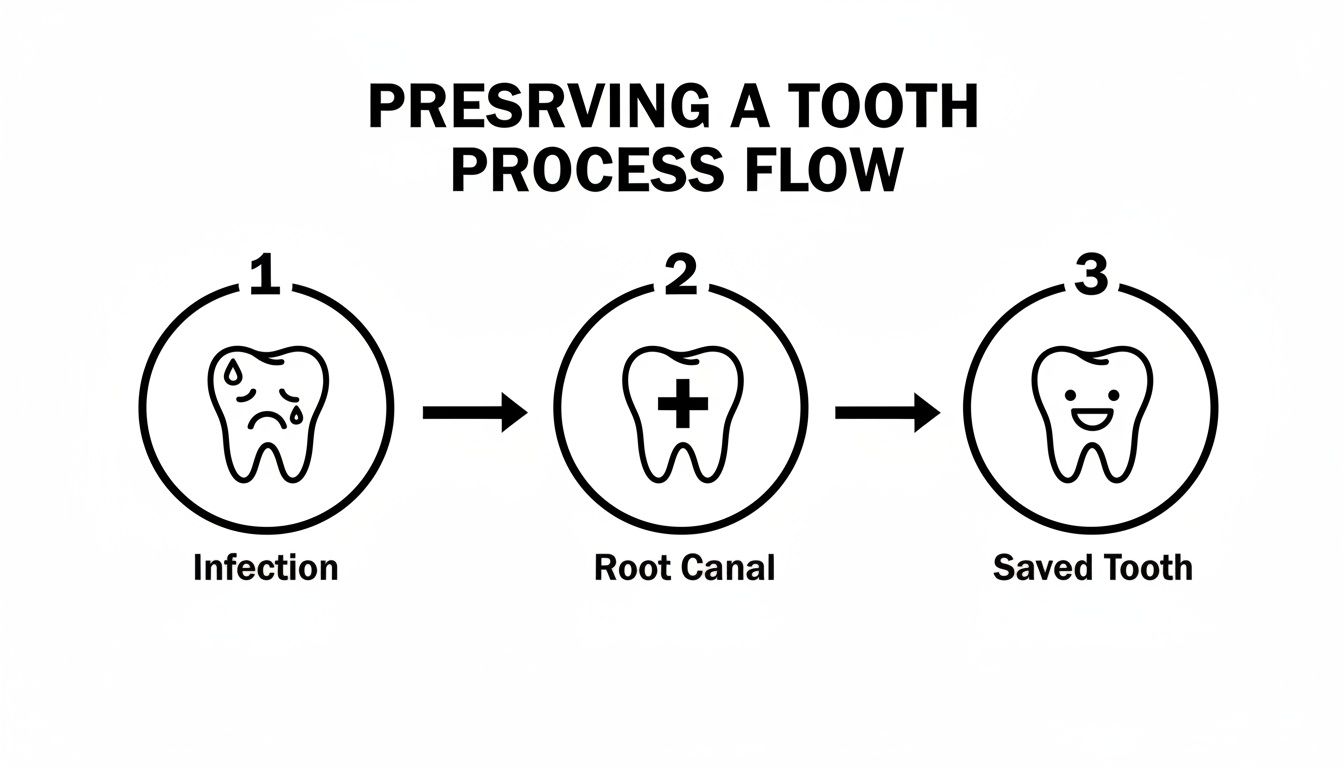 A three-step process flow showing an infected tooth, root canal treatment, and a saved, healthy tooth.