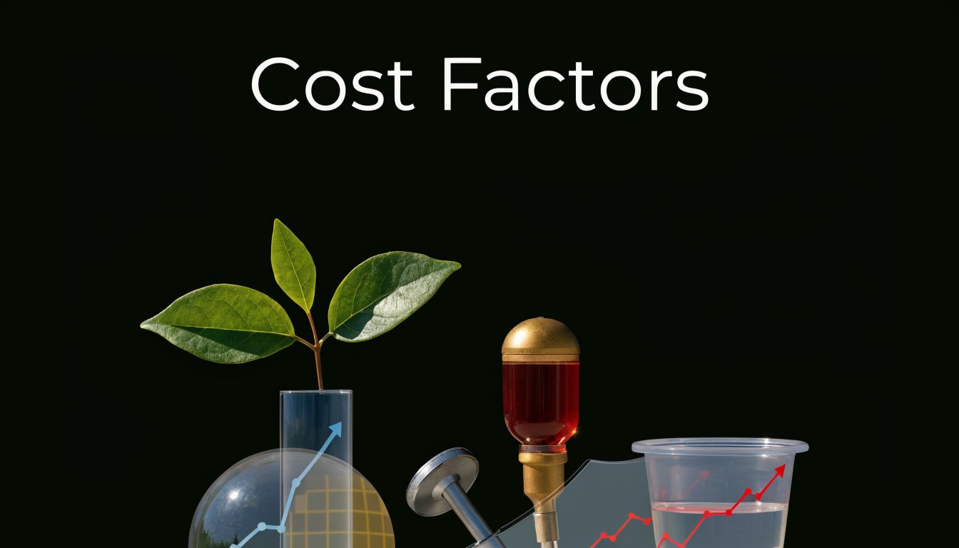 A plant, a red liquid bulb, and a measuring cup with a rising graph overlay representing cost factors.