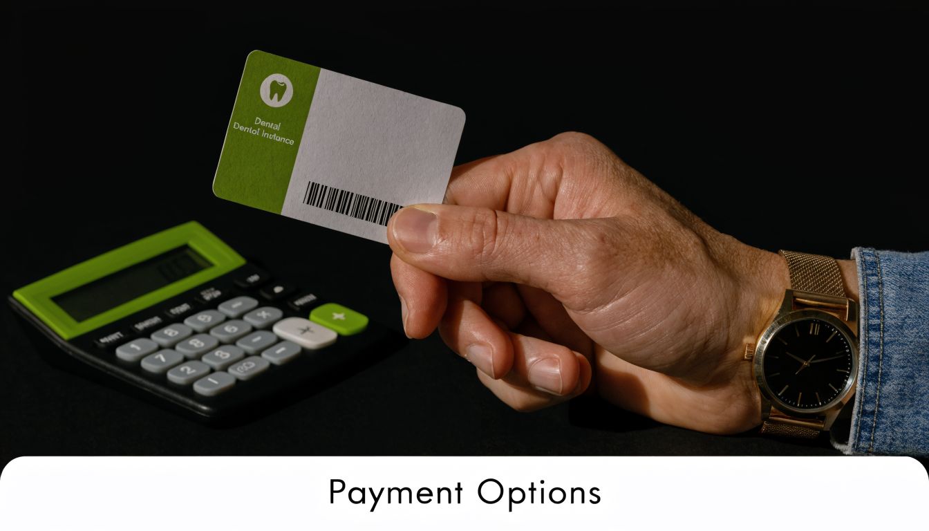 A hand holding a dental insurance card next to a calculator, representing dental procedure payment planning.