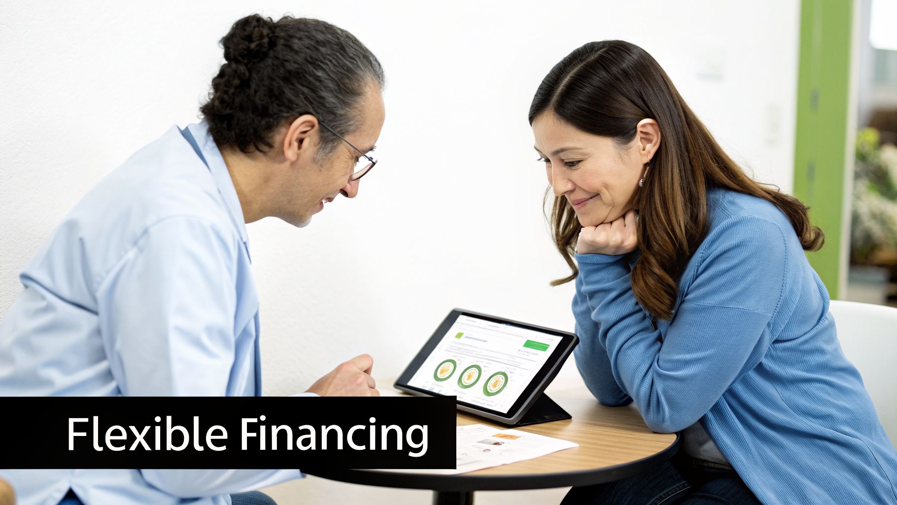 A dentist or financial advisor discusses flexible financing options with a patient on a tablet.